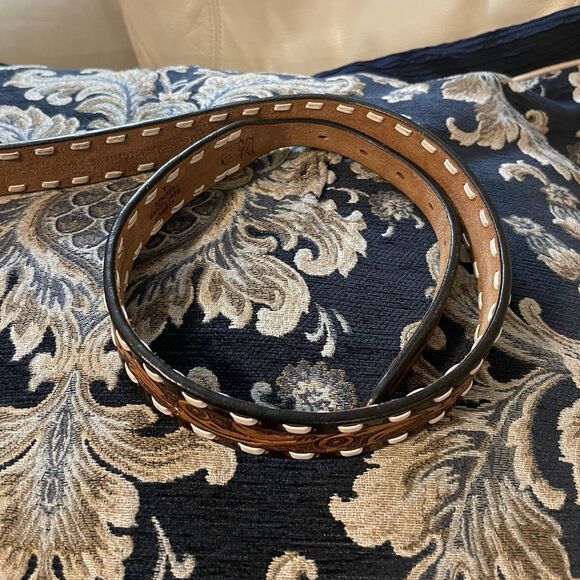 Angel Ranch Western Tooled Leather Womens Belt Rhinestone Size L Turquoise Brown - Picture 6 of 13